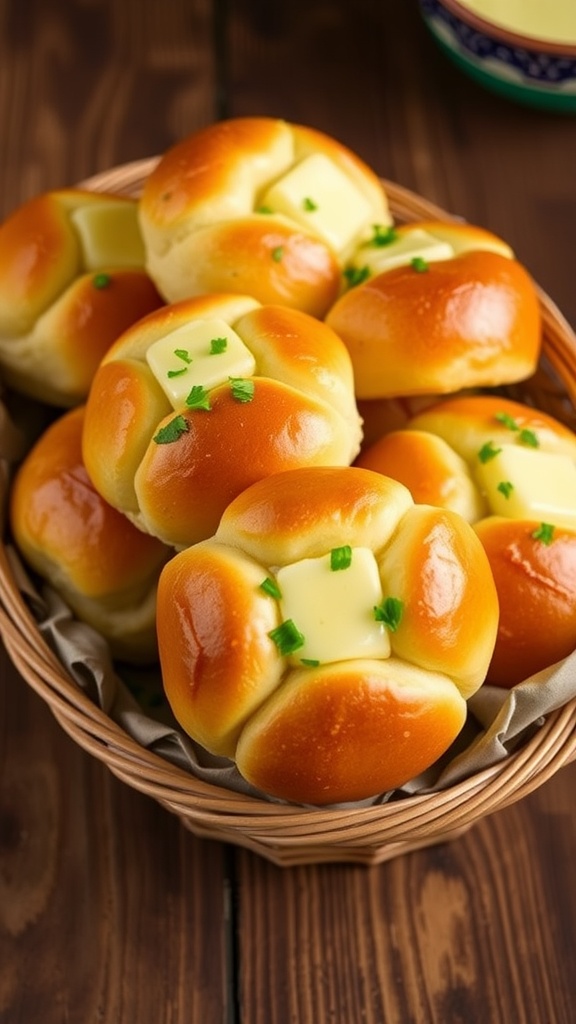 A basket of garlic butter Hawaiian rolls, golden brown and fluffy, garnished with parsley on a rustic table.